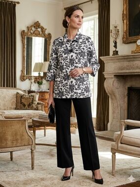 Chico's Black and White Floral Button-Down Shirt size 2P